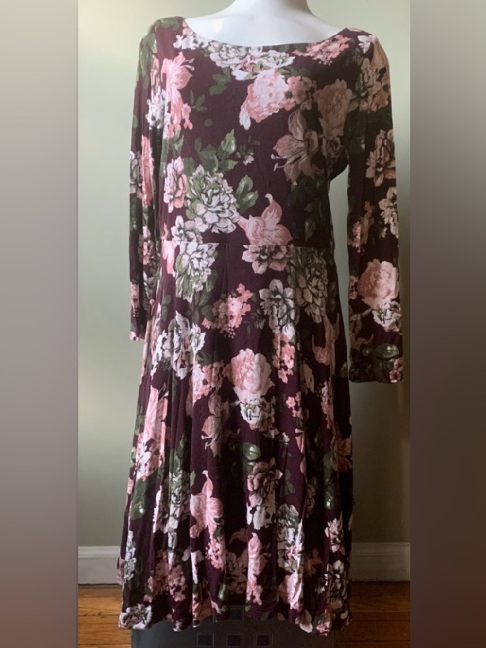 LOFT Long Sleeve Floral Fit-and-Flare Dress in Burgundy and Pink